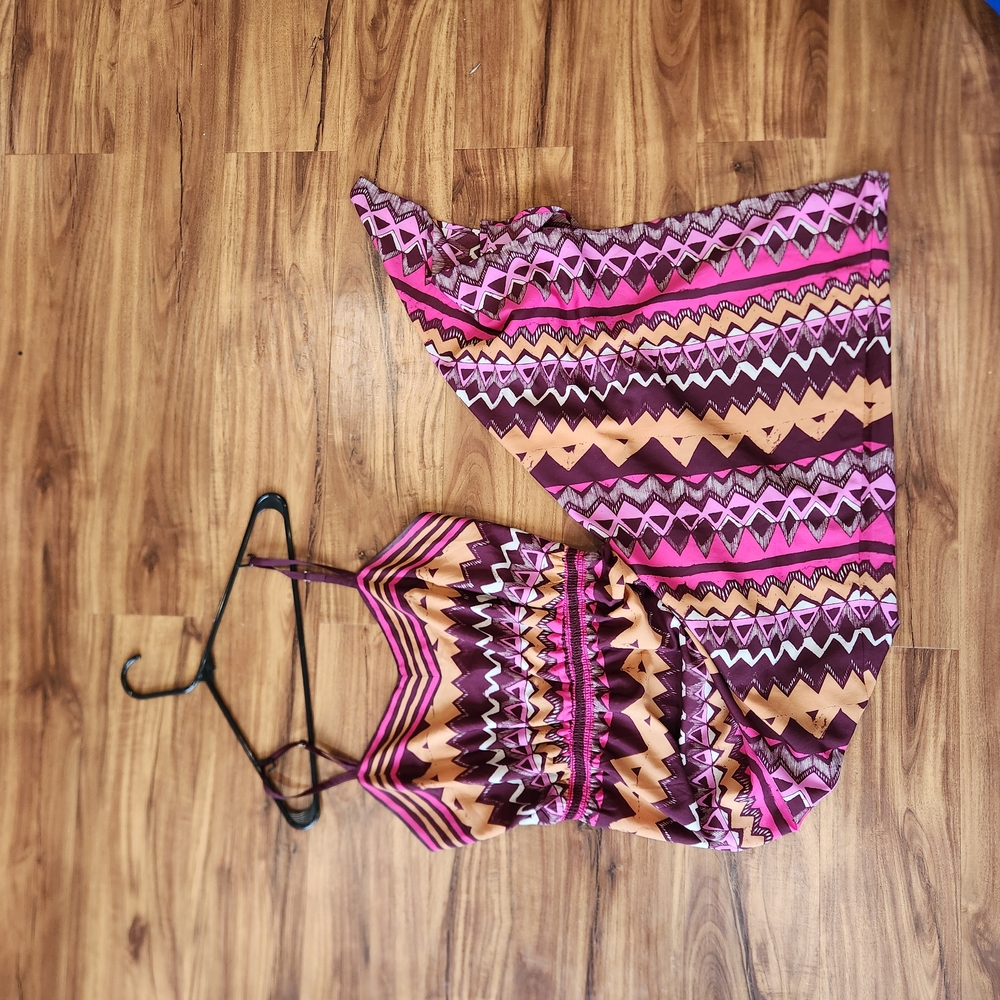 LOFT M Pink and Brown Geometric Maxi Dress
